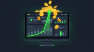 illustration of a dark-mode fake trading dashboard showing an impossibly steep green profit line and overflowing gold coins.