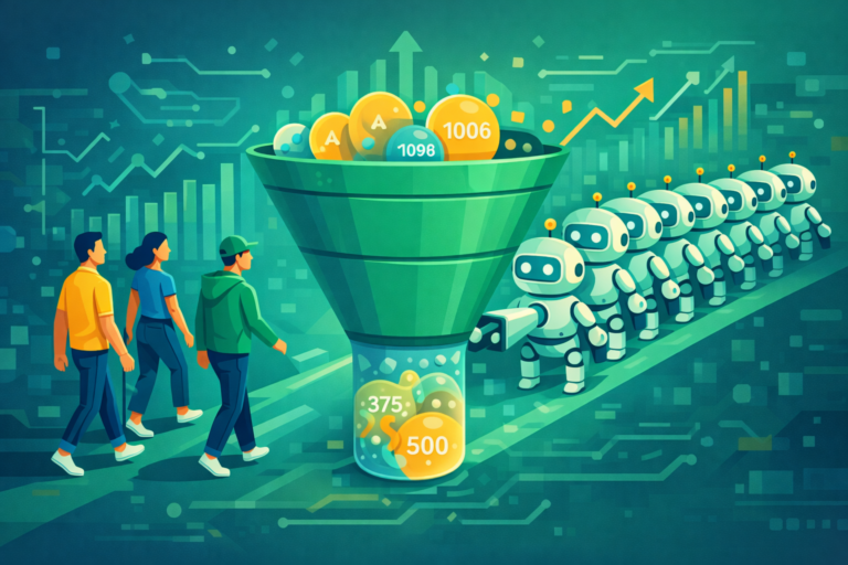 Marketing funnel showing real users and rows of bots inflating website traffic numbers artificially.