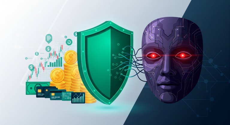 A glowing emerald green cybersecurity shield protects gold coins and credit cards from a dark synthetic AI mask attempting a financial deepfake attack.