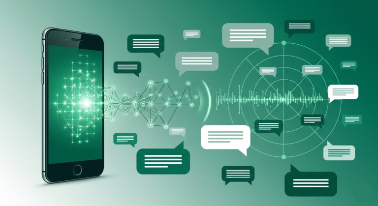 Smartphone connected to an emerald green digital radar grid actively scanning and intercepting malicious text message payloads and fake job alerts