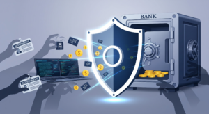 A glowing digital security shield protecting a bank vault from shadowy scammer hands holding fake badges and laptops, representing legitimate ways to recover lost funds.