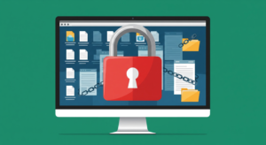 Modern vector illustration of a computer monitor displaying a large red padlock with chained files in the background, symbolizing a malware or ransomware attack.
