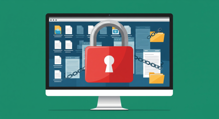 Modern vector illustration of a computer monitor displaying a large red padlock with chained files in the background, symbolizing a malware or ransomware attack.