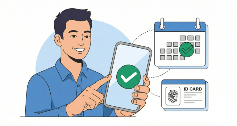 Flat vector illustration of a smiling man pointing to a smartphone screen displaying a green checkmark. The phone is linked via dashed lines to a calendar icon showing a confirmed date and an ID card icon with a fingerprint scanner, symbolizing successful digital verification