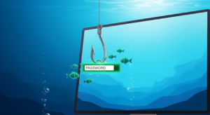 Flat vector illustration of a fishing hook dangling a password field as bait in front of a computer screen, with small digital fish swimming nearby in an emerald green and blue underwater theme.