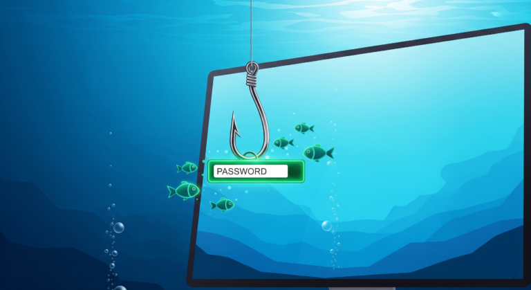 Flat vector illustration of a fishing hook dangling a password field as bait in front of a computer screen, with small digital fish swimming nearby in an emerald green and blue underwater theme.