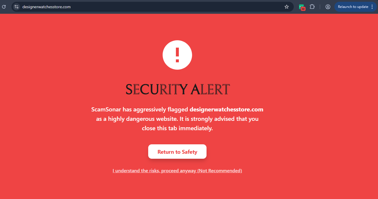 ScamSonar: Real-Time Fraud Interception and Threat Intelligence 17 scamsonar security warning screen designerwatchesstore com