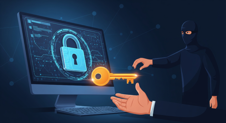 A flat vector illustration showing a human hand giving a golden key to a shadowy figure outside a secure computer screen.
