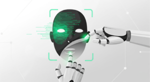 A futuristic cybersecurity illustration showing a robotic hand stripping away a green biometric digital face scan mask, revealing a blank slate underneath, symbolizing the theft of personal identity data and the creation of synthetic fraud profiles.