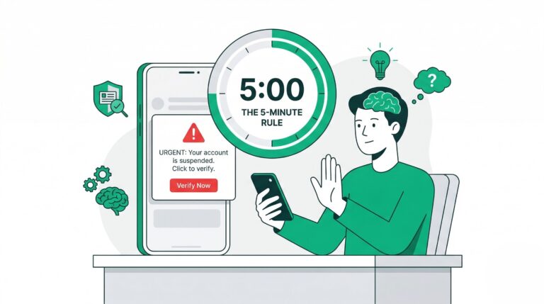 llustration of a person pausing a scam notification on their phone using a 5-minute timer rule.