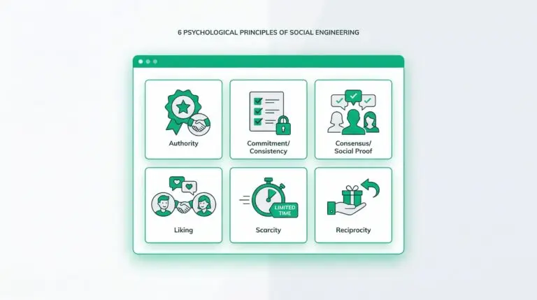 grid showing the 6 psychological principles of social engineering attacks, including authority and scarcity.