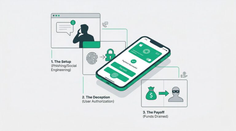 infographic illustrating the three stages of an Apple Pay scam: setup, deception, and payoff.