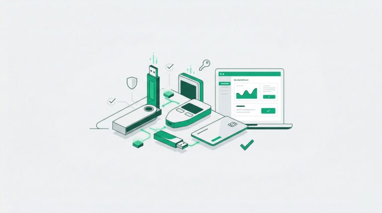 illustration showing various cold storage hardware wallets, a secure laptop dashboard, and security icons.