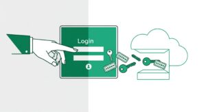 Modern flat vector illustration showing credential harvesting and account takeover prevention in emerald green