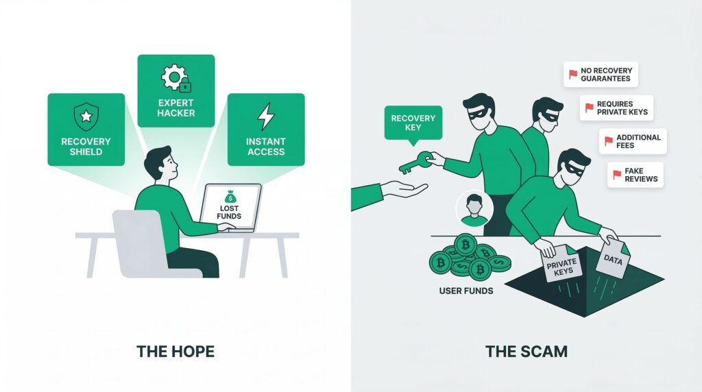 illustration of a scammer disguised as a hacker trying to steal crypto funds from a user.