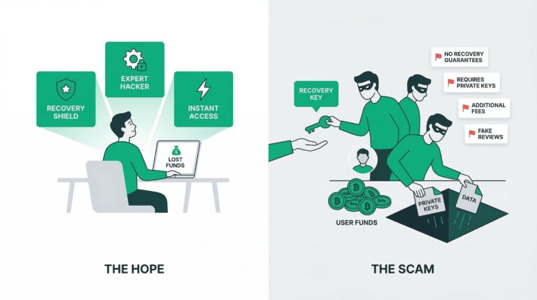 illustration of a scammer disguised as a hacker trying to steal crypto funds from a user.