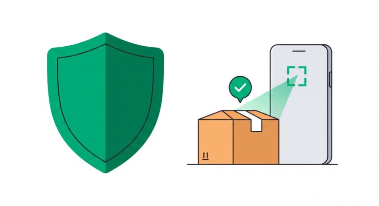 Modern flat illustration showing a smartphone scanning a shipping box to detect counterfeit products ordered online.