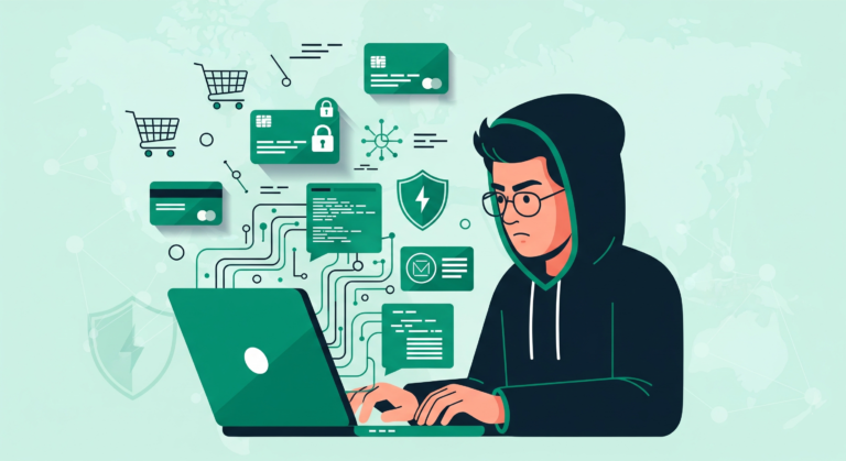 Modern flat vector illustration showing a hacker manipulating an e-commerce platform using emerald green interface elements