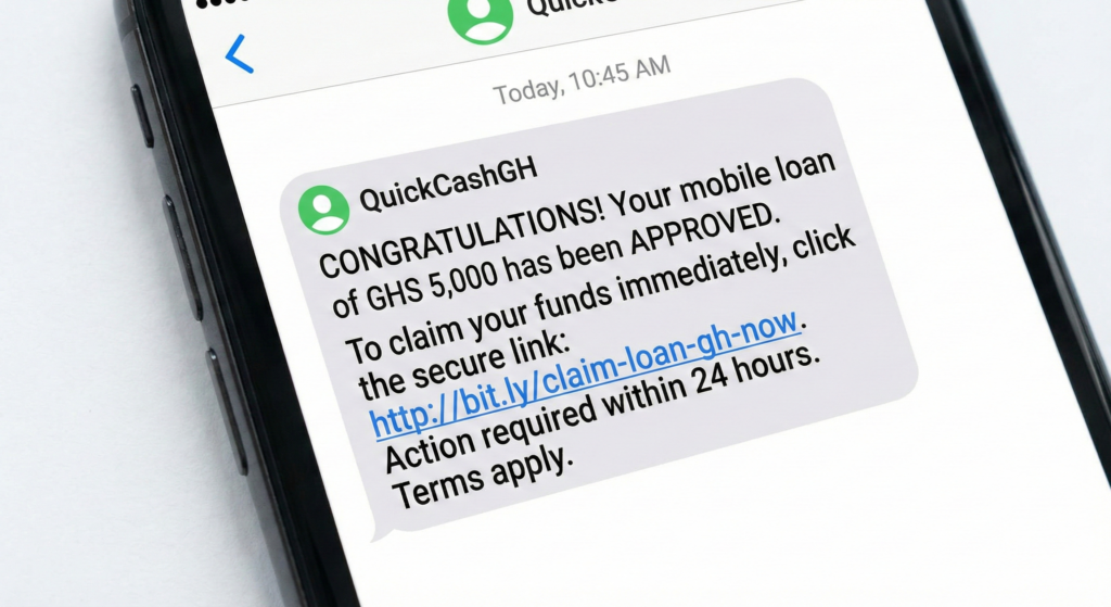 Screenshot on a smartphone displaying a fake SMS text message from QuickCashGH. The message falsely claims a mobile loan of GHS 5,000 has been approved and urges the recipient to click a suspicious bit.ly link within 24 hours.