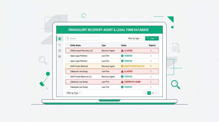 illustration showing a searchable database interface on a laptop screen listing fake recovery agents and fraudulent law firms