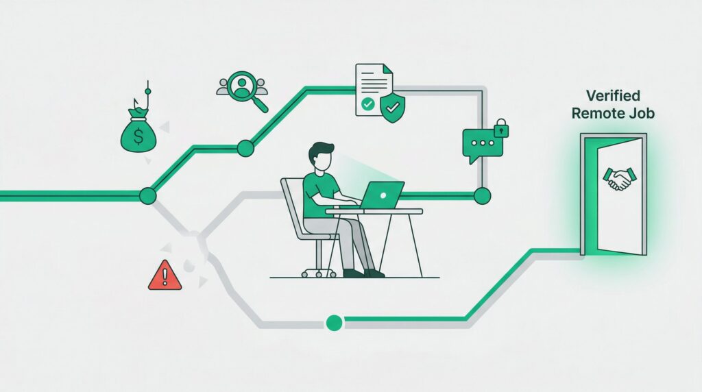 illustration showing a safe path to find legitimate work-from-home jobs while avoiding common scams.