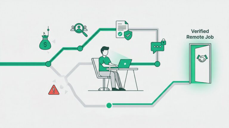 illustration showing a safe path to find legitimate work-from-home jobs while avoiding common scams.