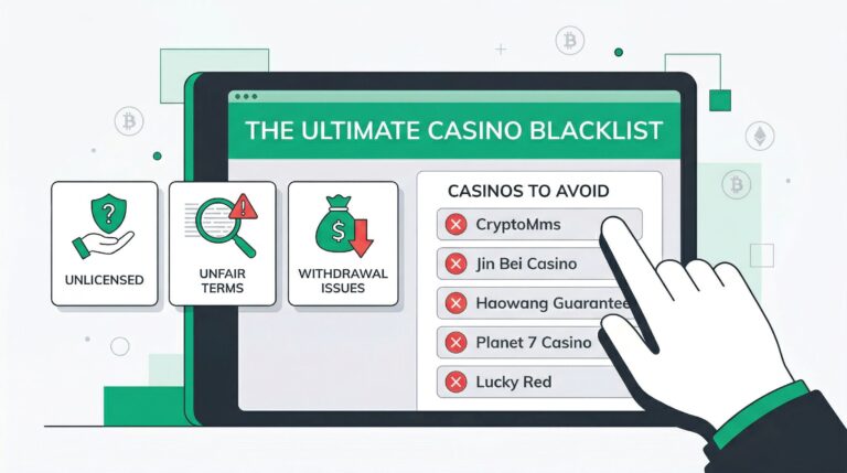 llustration showing a digital checklist titled 'The Ultimate Blacklist of Casinos to Avoid' with red icons, highlighting risky crypto gambling platforms.