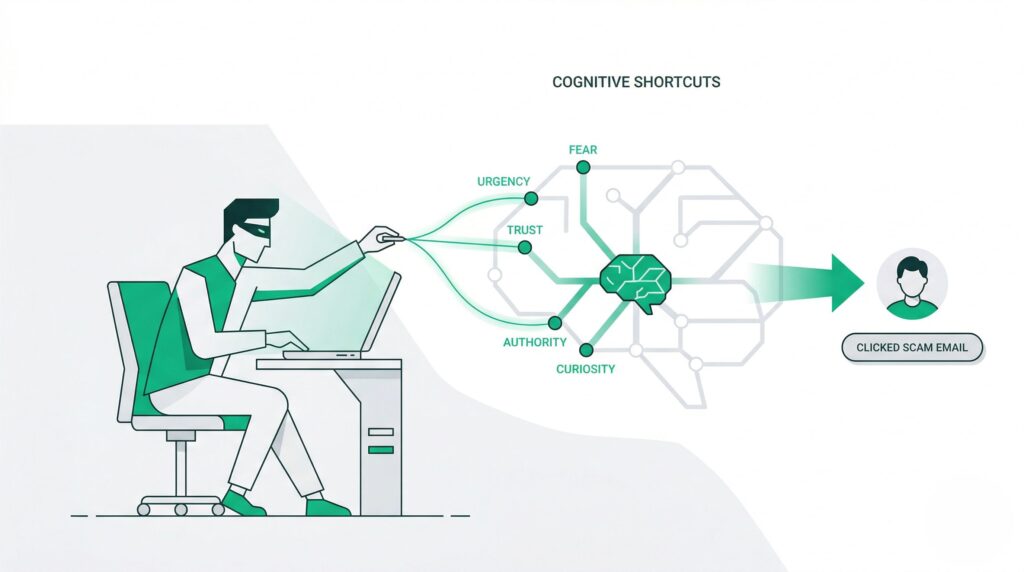 a hacker manipulating a user's brain shortcuts for phishing exploits.