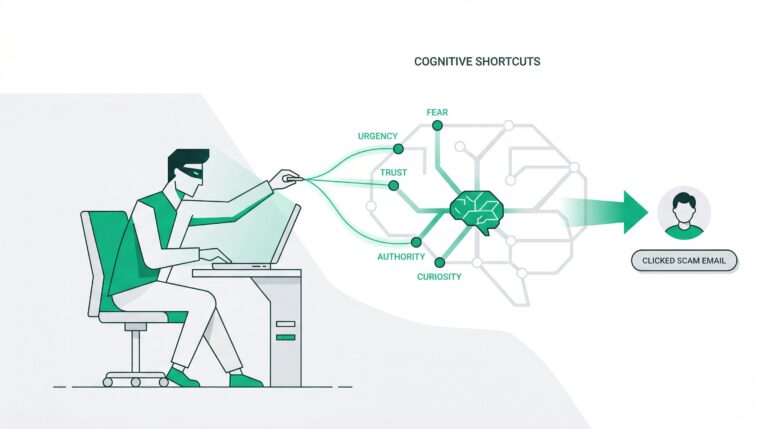 a hacker manipulating a user's brain shortcuts for phishing exploits.