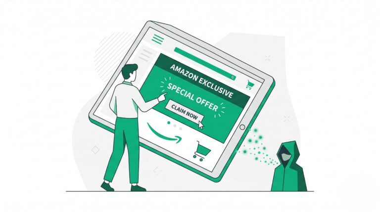 A minimalist vector illustration of a person on a tablet detecting a fake Amazon offer and data theft.