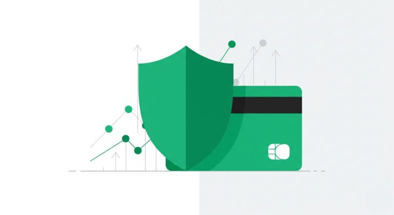 Modern flat vector illustration showing an emerald green shield protecting financial data and credit cards from payment fraud