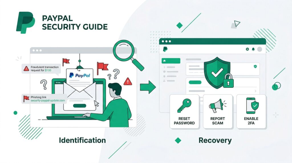 illustration demonstrating how to identify a PayPal phishing scam and secure an account, featuring a fraudulent email next to recovery steps like resetting passwords and enabling 2FA.