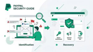 illustration demonstrating how to identify a PayPal phishing scam and secure an account, featuring a fraudulent email next to recovery steps like resetting passwords and enabling 2FA.