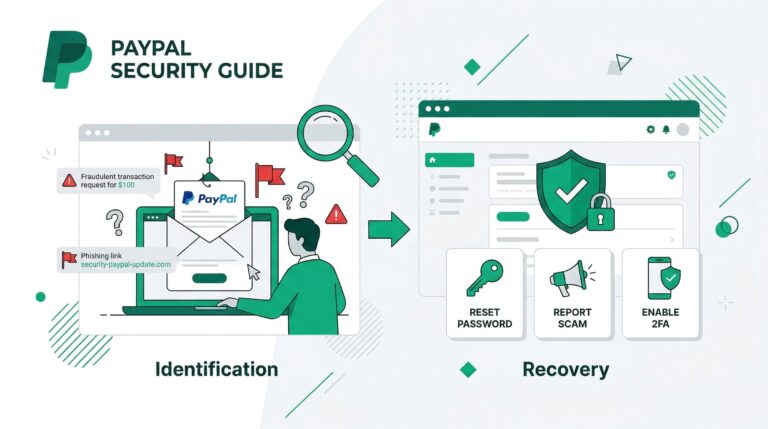 illustration demonstrating how to identify a PayPal phishing scam and secure an account, featuring a fraudulent email next to recovery steps like resetting passwords and enabling 2FA.