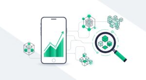 Flat vector illustration of a smartphone showing fake crypto charts during a pig butchering scam investigation
