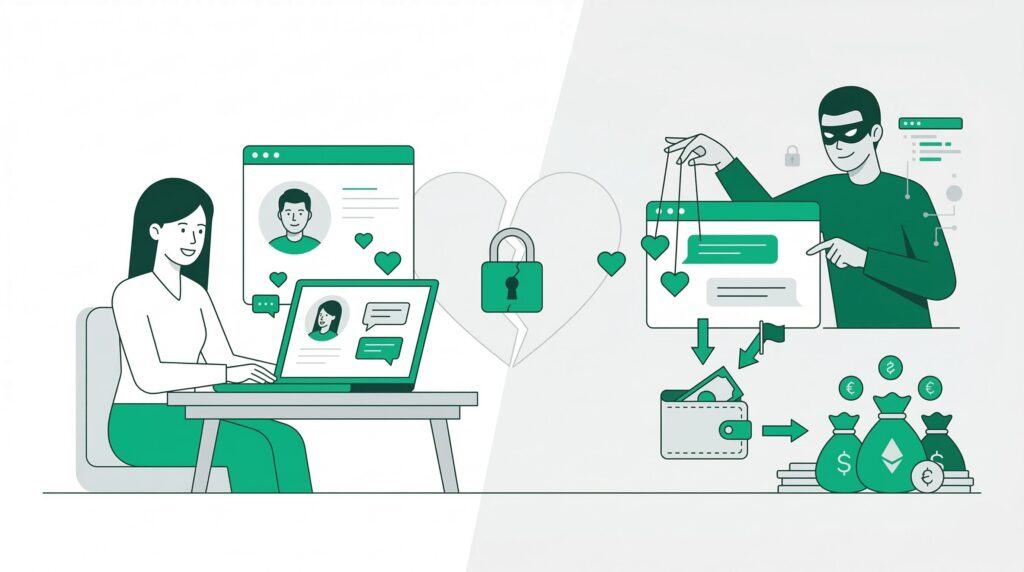 A flat vector illustration showing a woman chatting online while a masked scammer manipulates the conversation to steal money and cryptocurrency.