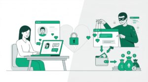 A flat vector illustration showing a woman chatting online while a masked scammer manipulates the conversation to steal money and cryptocurrency.