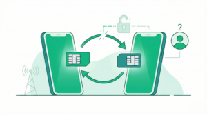 Modern flat vector illustration demonstrating a SIM swapping attack, showing a SIM card transferring between two smartphones with a broken security lock.