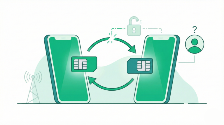Modern flat vector illustration demonstrating a SIM swapping attack, showing a SIM card transferring between two smartphones with a broken security lock.