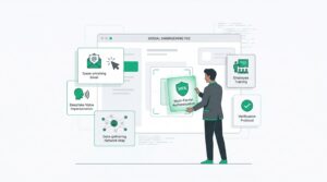 illustration showing a professional implementing defense protocols like MFA and employee training against advanced social engineering tactics like deepfake voice impersonation.