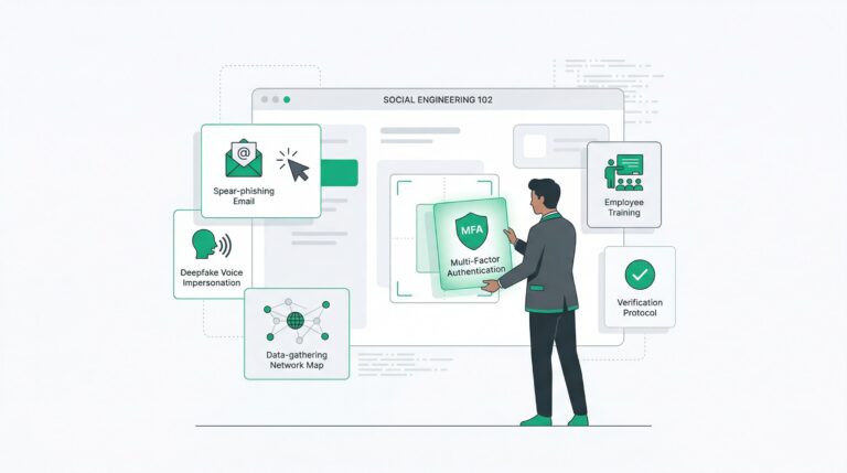 illustration showing a professional implementing defense protocols like MFA and employee training against advanced social engineering tactics like deepfake voice impersonation.
