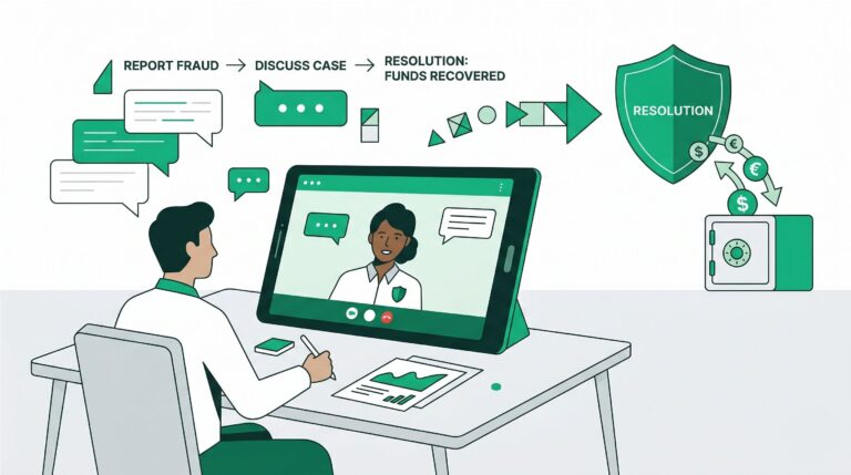 a person on a video call reporting fraud to a bank agent to recover funds.