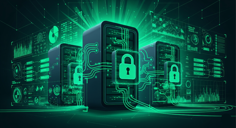Modern flat vector illustration showing secure servers and green network routing paths representing bulletproof hosting infrastructure