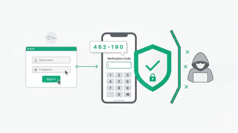 illustration showing 2FA verification protecting a user's data with an emerald green shield against a hacker.