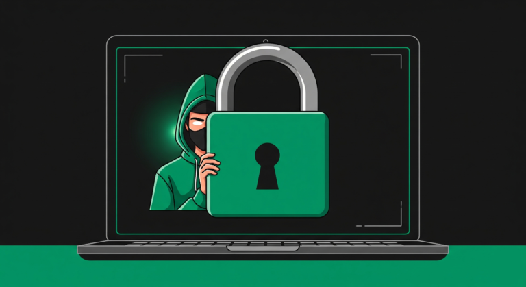 Cyber criminal hiding behind a large emerald green SSL padlock on a laptop screen
