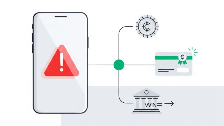 Flat vector illustration showing how scammers use smartphones to extract cryptocurrency retail gift cards and wire transfers.
