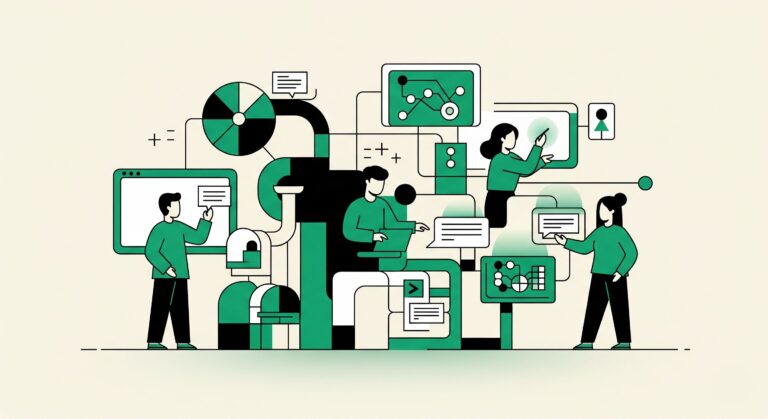 Corporate Memphis style vector illustration showing faceless professionals managing a secure Zero Trust network. Emerald green data nodes and glowing screens depict continuous authentication and micro-segmentation workflows against a beige background.