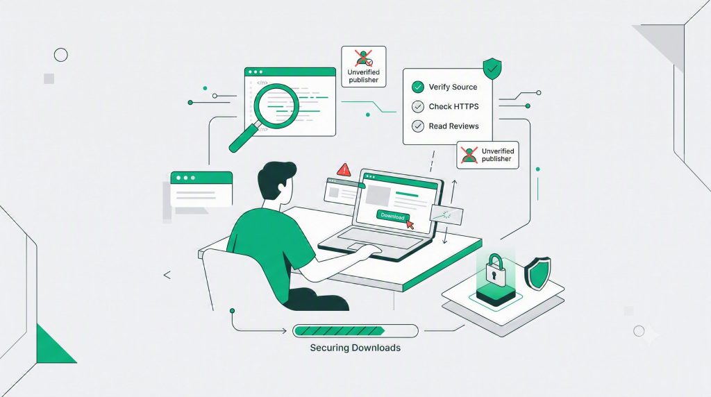 Developer analyzing code and verifying a software download with security checklists to avoid fake software download scams.