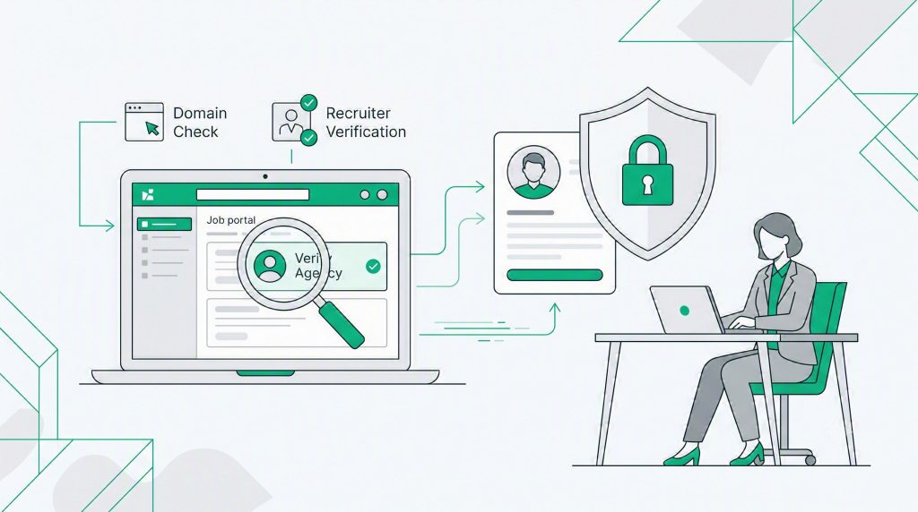 Flat vector illustration showing a professional verifying a remote job offer with security checklists, shields, and identity verification icons in emerald green.