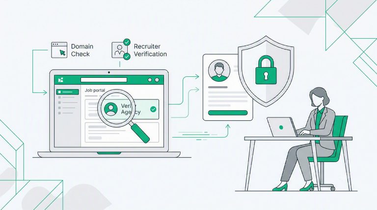 Flat vector illustration showing a professional verifying a remote job offer with security checklists, shields, and identity verification icons in emerald green.